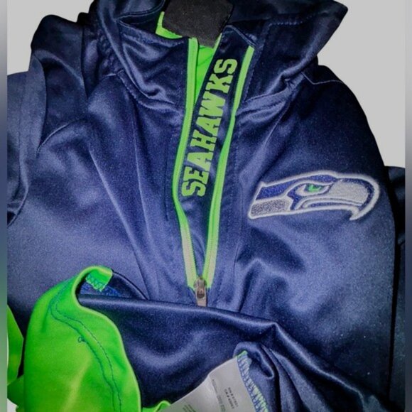 Seattle Seahawks Youth Medium Pullover Sweater Navy Green NFL 1/4 Zip Unisex - Picture 6 of 12